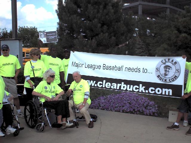Relatives of Buck Weaver protest his ban from baseball outside the stadium on the day of the All-Star Game
