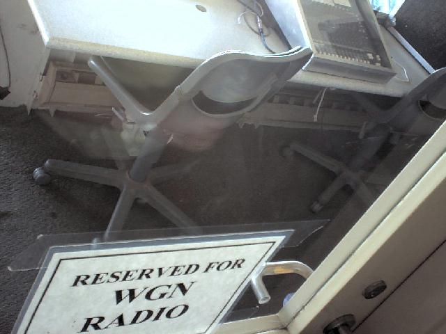 The door to the WGN Radio booth, with the producer's chair in view